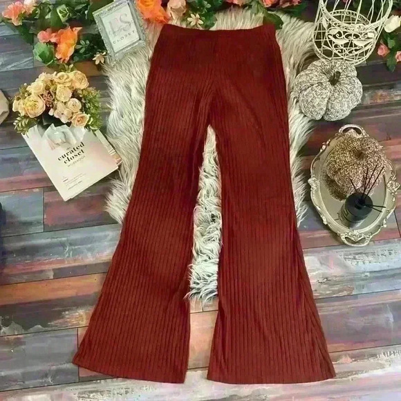 Forever 21 Ribbed Knit Fitted Flare Reddish Orange Pants, L - Picture 6 of 6